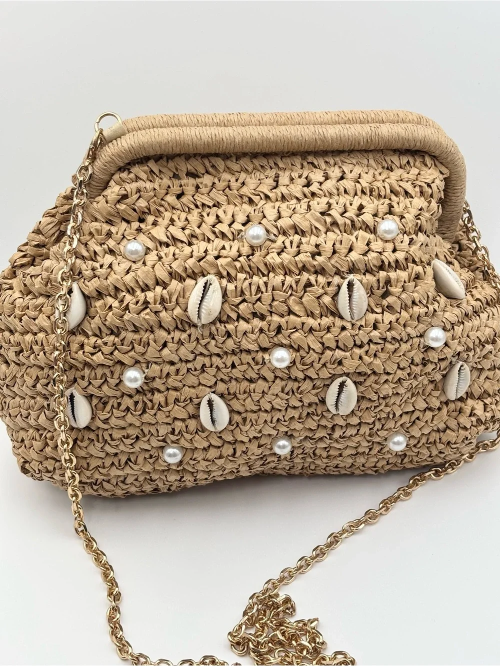 Straw Shell Embellished Crossbody Bag - Natural - Picture 1 of 12